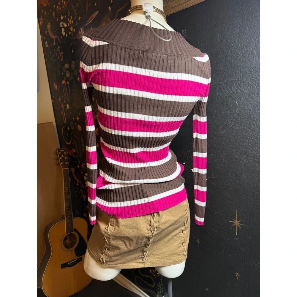 Vintage Brown Pink White Striped Ribbed Knit V-Neck Long Sleeve Sweater Top
